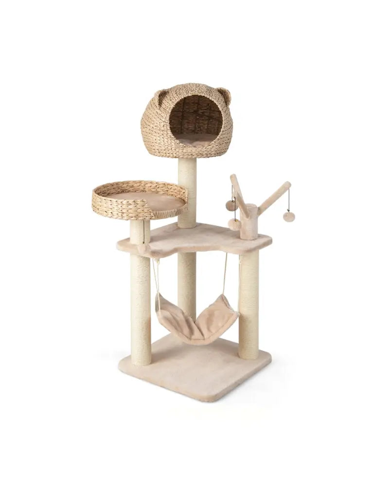 Multi-Level Cat Tree with Condo Hammock and Rotatable Hanging Balls-Natural - Natural - Cat Trees Condos & Scratchers