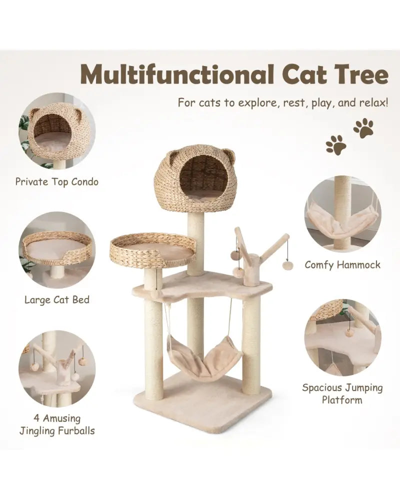 Multi-Level Cat Tree with Condo Hammock and Rotatable Hanging Balls-Natural - Natural - Cat Trees Condos & Scratchers