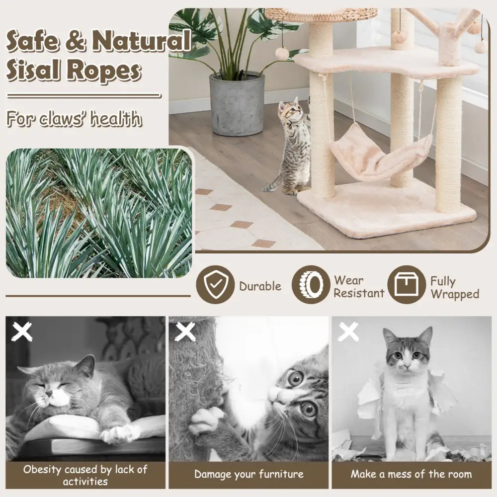 Multi-Level Cat Tree with Condo Hammock and Rotatable Hanging Balls-Natural - Natural - Cat Trees Condos & Scratchers