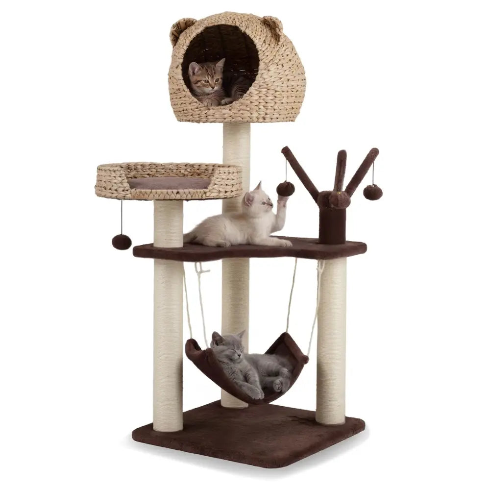 Multi-Level Cat Tree with Condo Hammock and Rotatable Hanging Balls-Brown - Brown - Cat Trees Condos & Scratchers