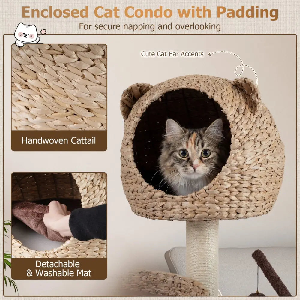 Multi-Level Cat Tree with Condo Hammock and Rotatable Hanging Balls-Brown - Brown - Cat Trees Condos & Scratchers