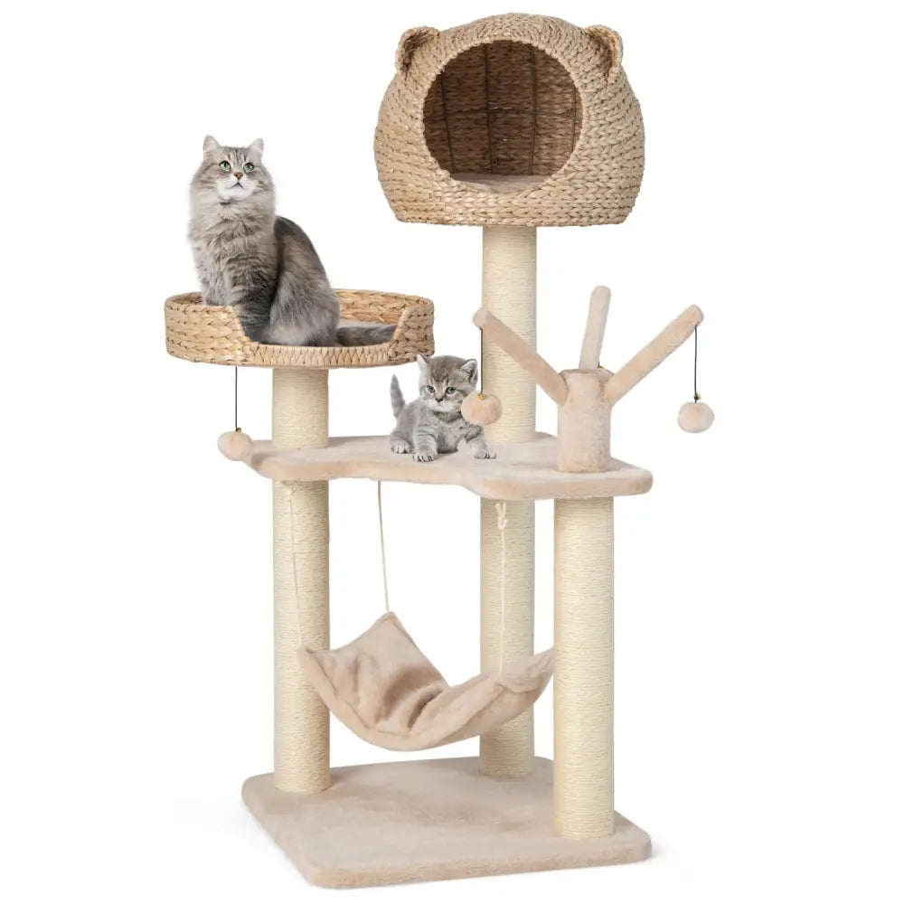 Multi-Level Cat Tree with Condo Hammock and Rotatable Hanging Balls-Natural - Natural - Cat Trees Condos & Scratchers