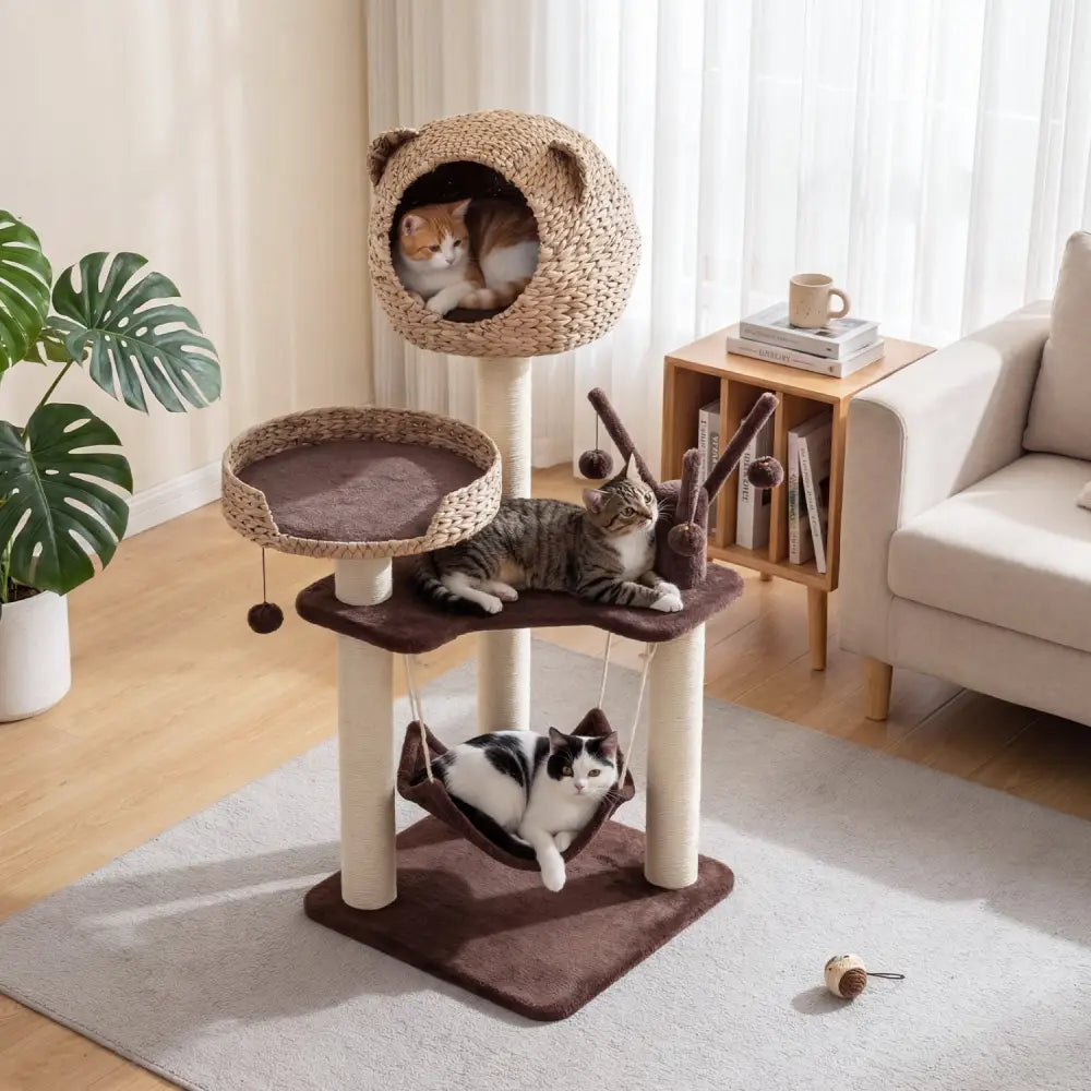 Multi-Level Cat Tree with Condo Hammock and Rotatable Hanging Balls-Brown - Brown - Cat Trees Condos & Scratchers