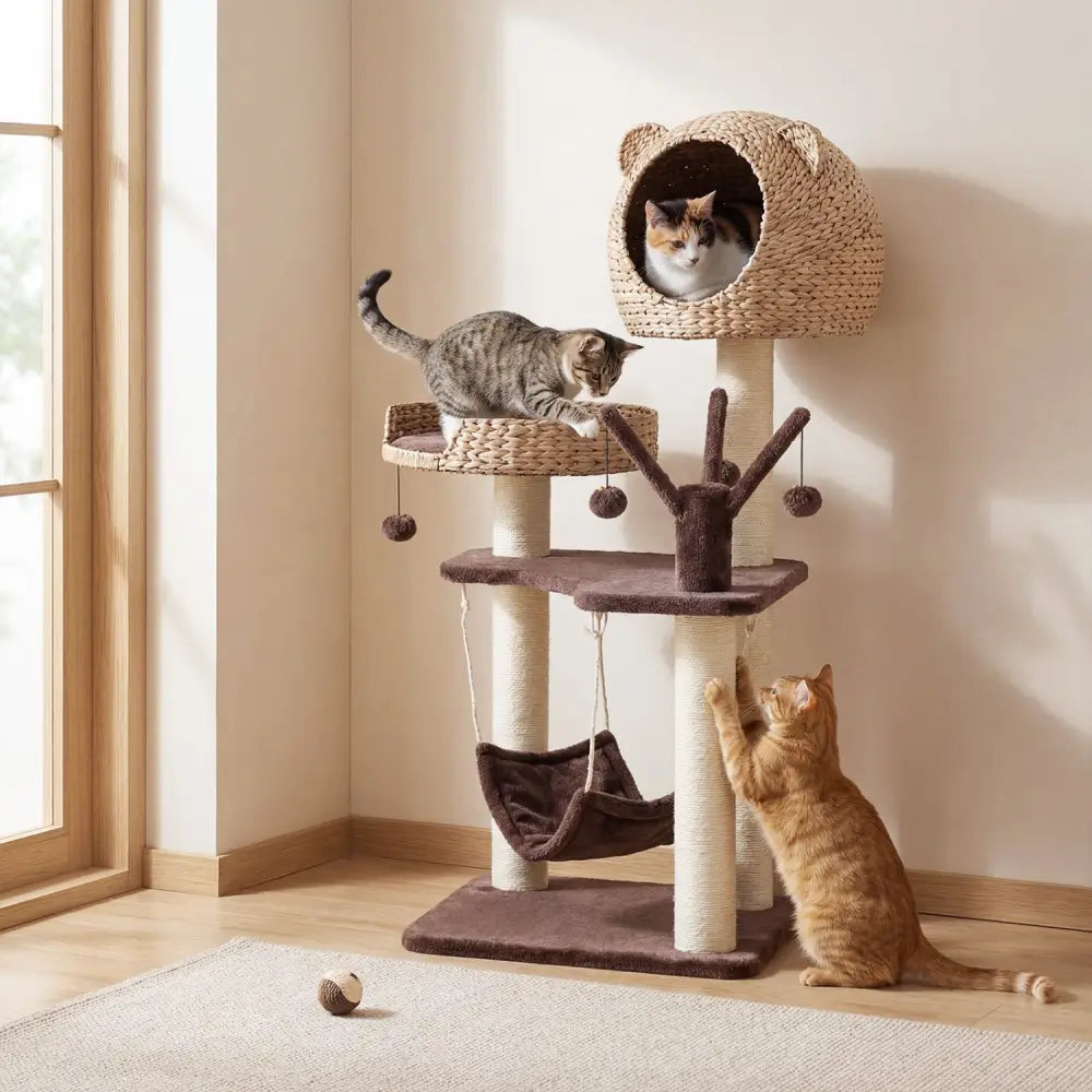 Multi-Level Cat Tree with Condo Hammock and Rotatable Hanging Balls-Brown - Brown - Cat Trees Condos & Scratchers