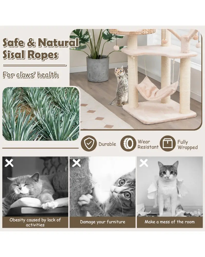 Multi-Level Cat Tree with Condo Hammock and Rotatable Hanging Balls-Natural - Natural - Cat Trees Condos & Scratchers