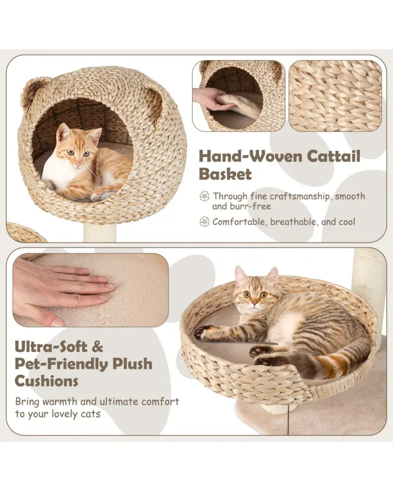 Multi-Level Cat Tree with Condo Hammock and Rotatable Hanging Balls-Natural - Natural - Cat Trees Condos & Scratchers