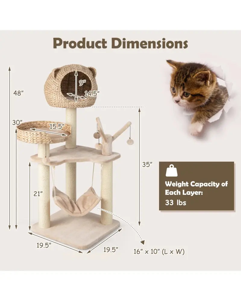 Multi-Level Cat Tree with Condo Hammock and Rotatable Hanging Balls-Natural - Natural - Cat Trees Condos & Scratchers