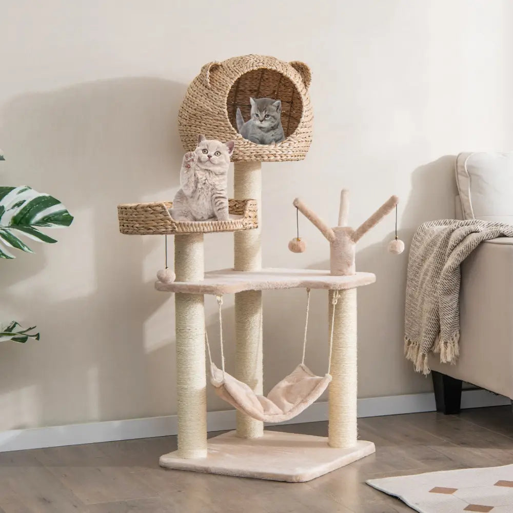 Multi-Level Cat Tree with Condo Hammock and Rotatable Hanging Balls-Natural - Natural - Cat Trees Condos & Scratchers