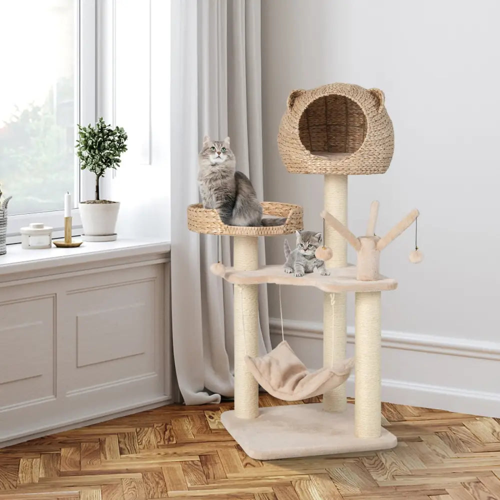 Multi-Level Cat Tree with Condo Hammock and Rotatable Hanging Balls-Natural - Natural - Cat Trees Condos & Scratchers