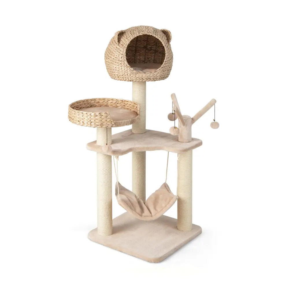 Multi-Level Cat Tree with Condo Hammock and Rotatable Hanging Balls-Natural - Natural - Cat Trees Condos & Scratchers