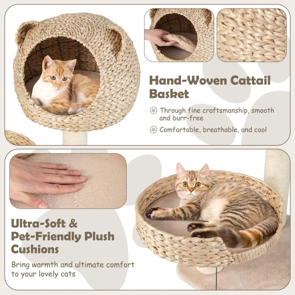 Multi-Level Cat Tree with Condo Hammock and Rotatable Hanging Balls-Natural - Natural - Cat Trees Condos & Scratchers