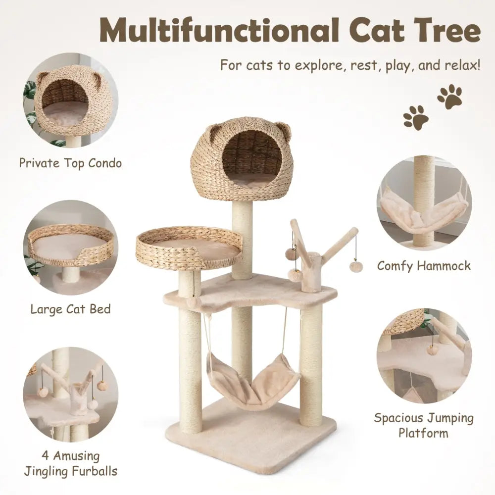 Multi-Level Cat Tree with Condo Hammock and Rotatable Hanging Balls-Natural - Natural - Cat Trees Condos & Scratchers