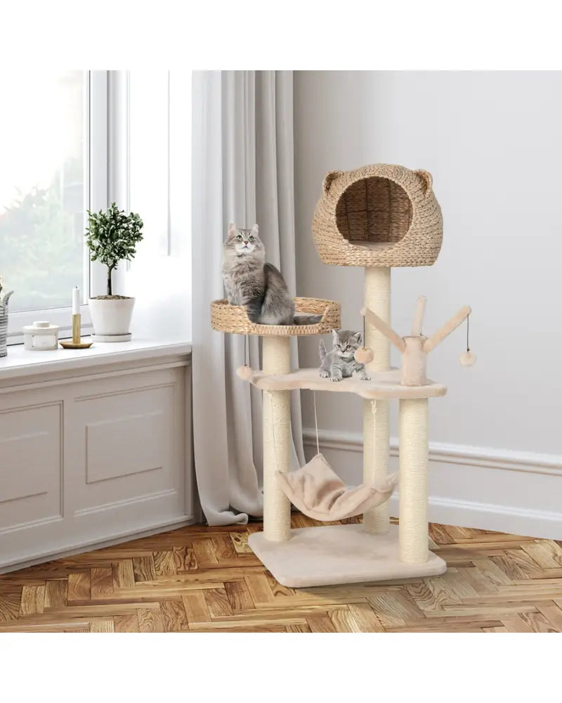 Multi-Level Cat Tree with Condo Hammock and Rotatable Hanging Balls-Natural - Natural - Cat Trees Condos & Scratchers