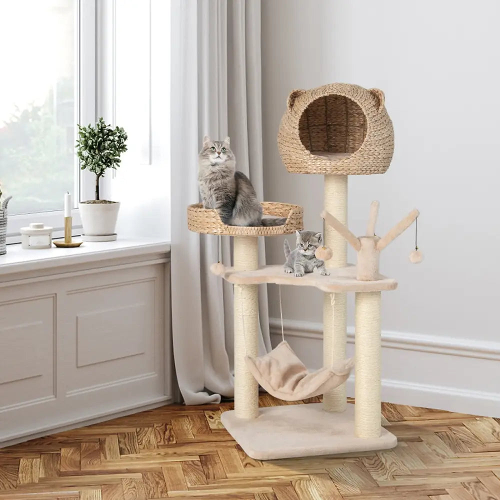 Multi-Level Cat Tree with Condo Hammock and Rotatable Hanging Balls-Natural - Natural - Cat Trees Condos & Scratchers