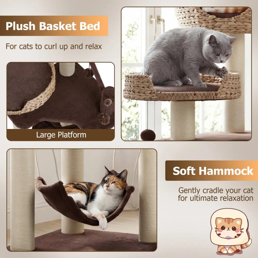 Multi-Level Cat Tree with Condo Hammock and Rotatable Hanging Balls-Brown - Brown - Cat Trees Condos & Scratchers