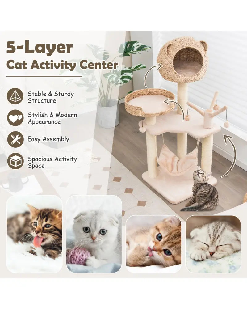 Multi-Level Cat Tree with Condo Hammock and Rotatable Hanging Balls-Natural - Natural - Cat Trees Condos & Scratchers