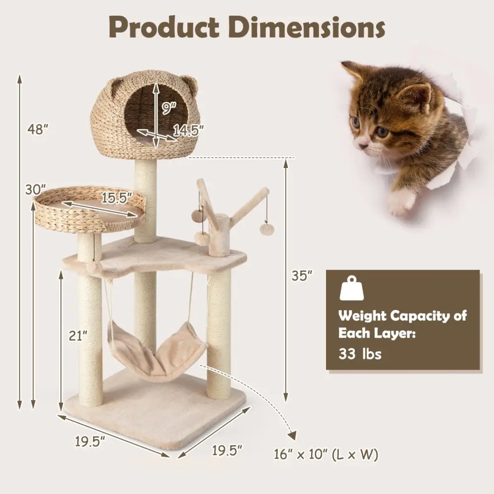 Multi-Level Cat Tree with Condo Hammock and Rotatable Hanging Balls-Natural - Natural - Cat Trees Condos & Scratchers