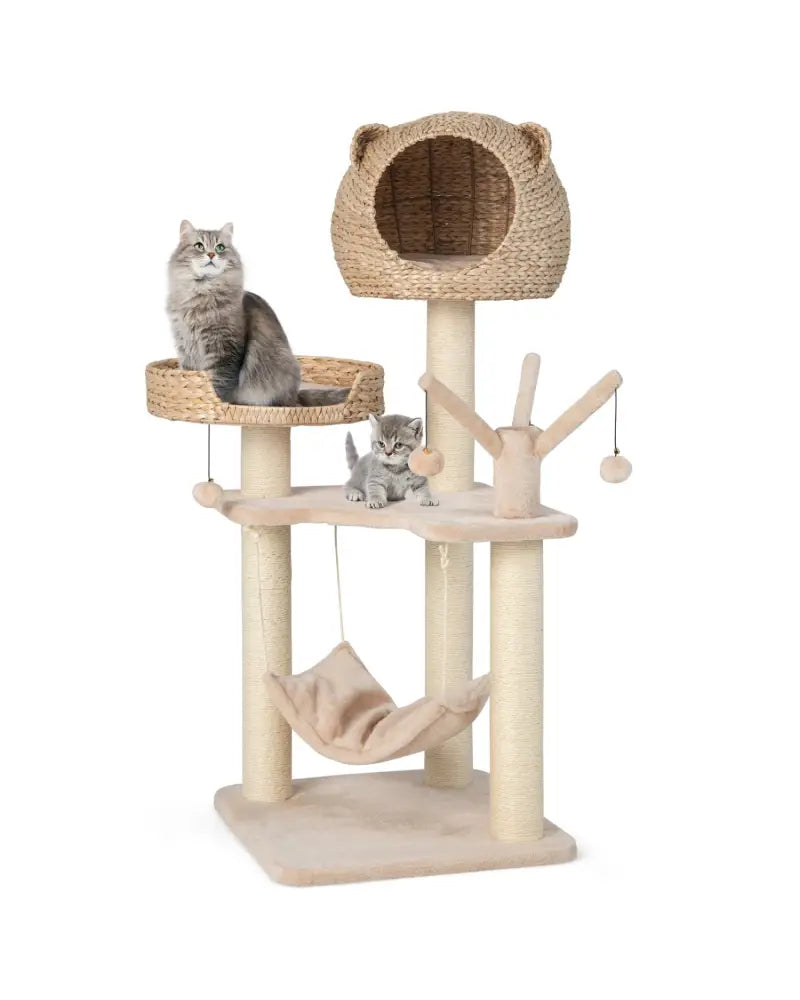 Multi-Level Cat Tree with Condo Hammock and Rotatable Hanging Balls-Natural - Natural - Cat Trees Condos & Scratchers