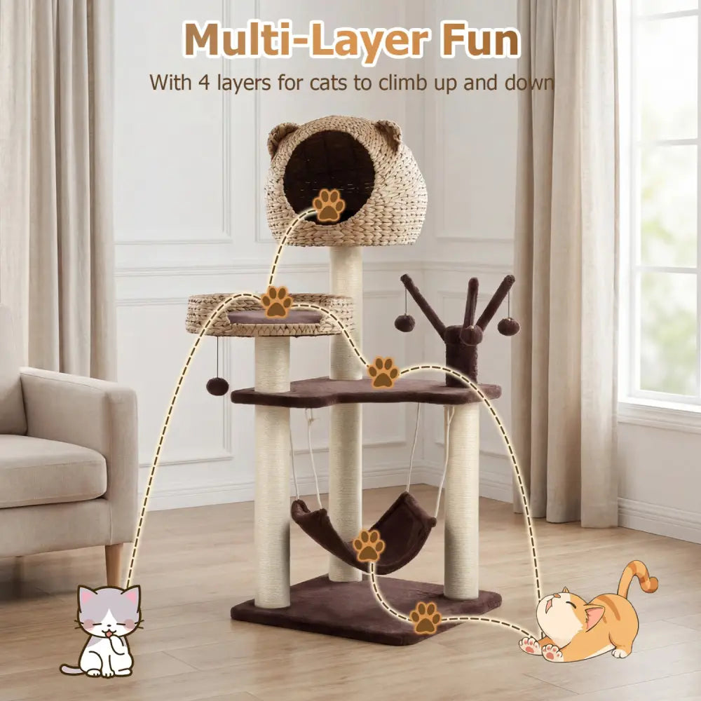 Multi-Level Cat Tree with Condo Hammock and Rotatable Hanging Balls-Brown - Brown - Cat Trees Condos & Scratchers