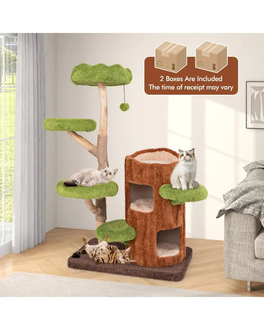 Multi-level Cat Tree with Double Decker Cat House and Sisal Panel-Brown - Brown - Cat Trees Condos & Scratchers