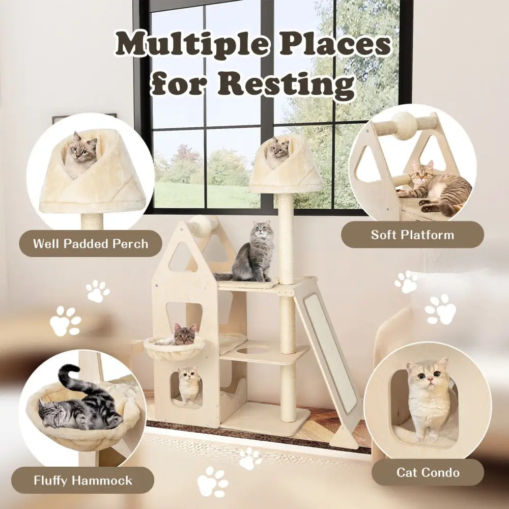 Multi-Level Cat Tree with Sisal Scratching Post-Beige - Beige - Cat Trees Condos & Scratchers
