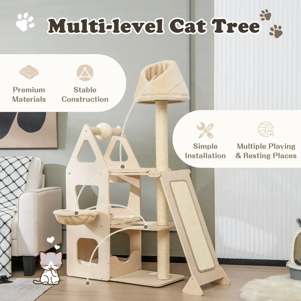 Multi-Level Cat Tree with Sisal Scratching Post-Beige - Beige - Cat Trees Condos & Scratchers
