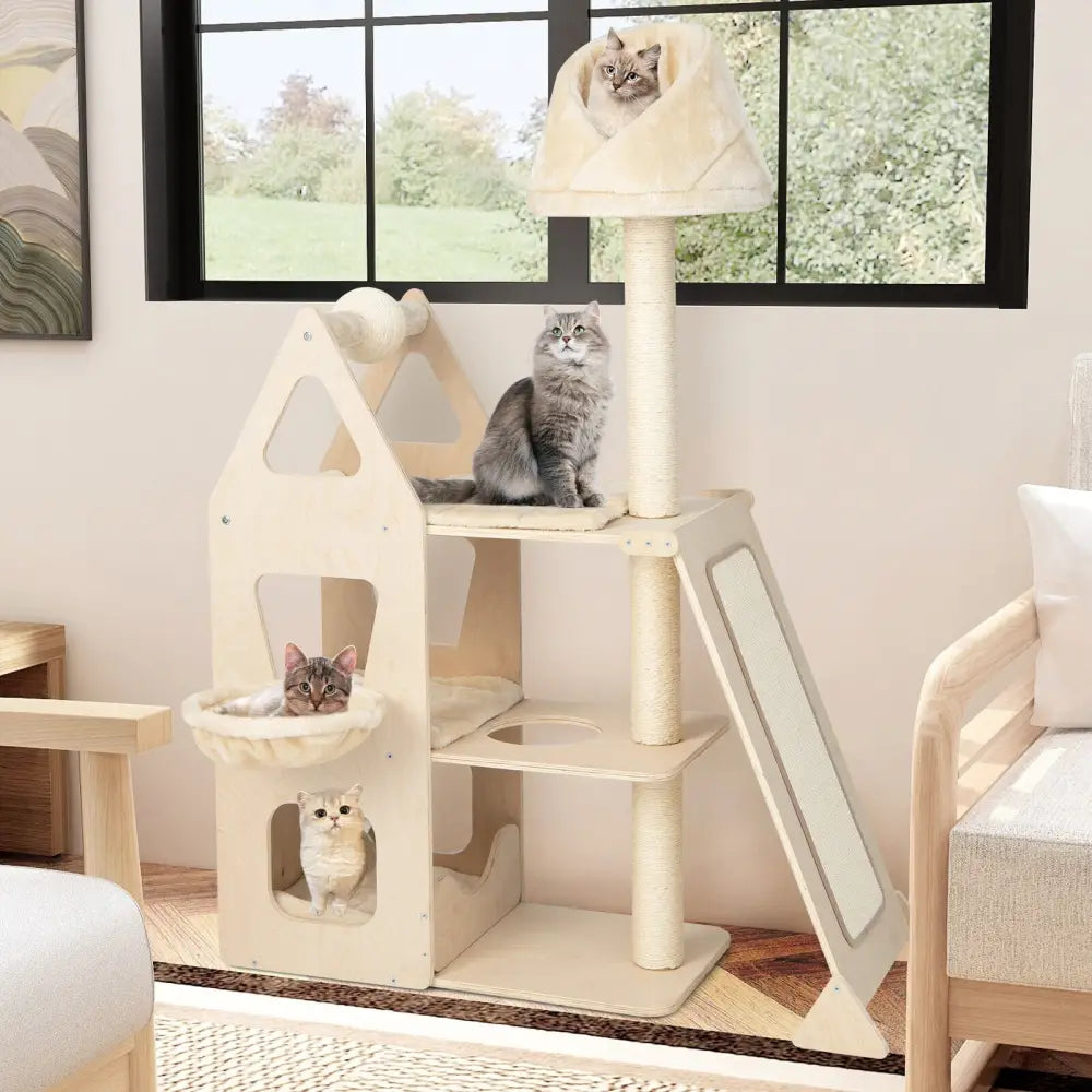 Multi-Level Cat Tree with Sisal Scratching Post-Beige - Beige - Cat Trees Condos & Scratchers