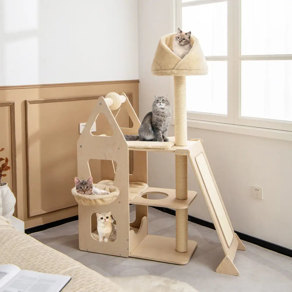 Multi-Level Cat Tree with Sisal Scratching Post-Beige - Beige - Cat Trees Condos & Scratchers