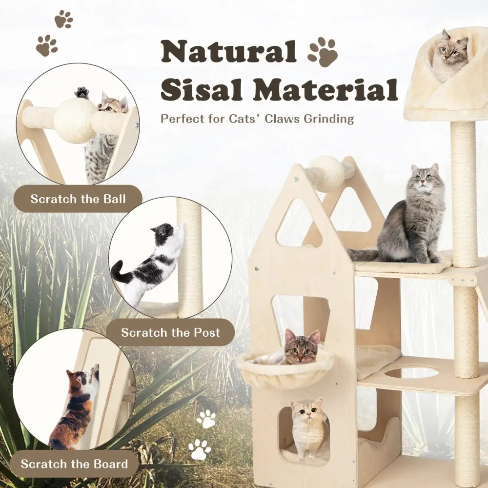 Multi-Level Cat Tree with Sisal Scratching Post-Beige - Beige - Cat Trees Condos & Scratchers
