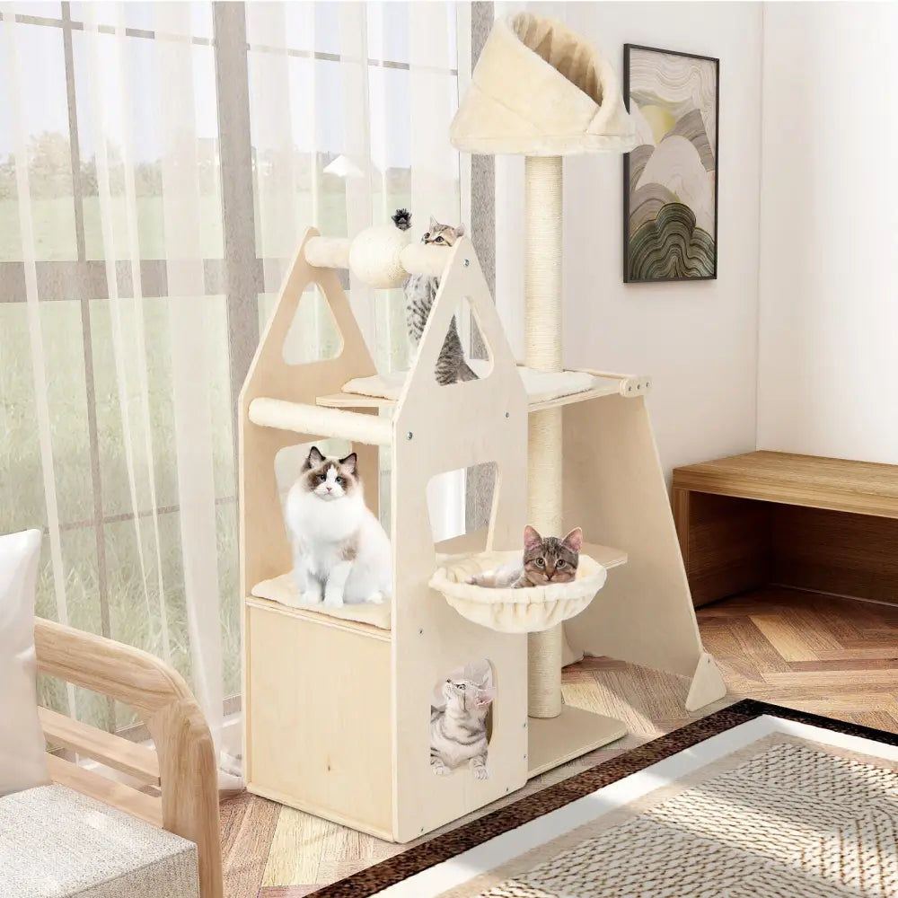 Multi-Level Cat Tree with Sisal Scratching Post-Beige - Beige - Cat Trees Condos & Scratchers