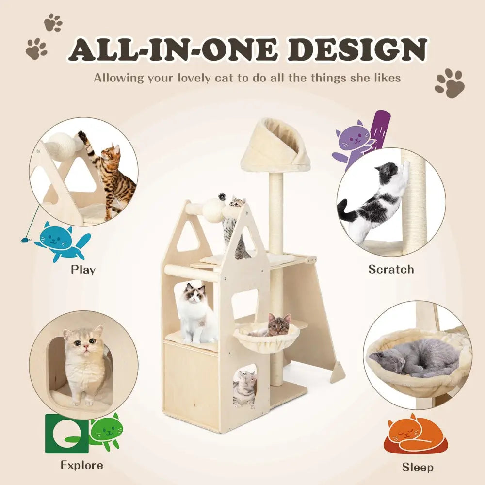 Multi-Level Cat Tree with Sisal Scratching Post-Beige - Beige - Cat Trees Condos & Scratchers