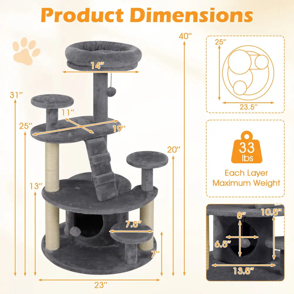 Multi-level Kitty Tower with Condo and Climbing Ladder-Gray - Gray - Cat Trees Condos & Scratchers