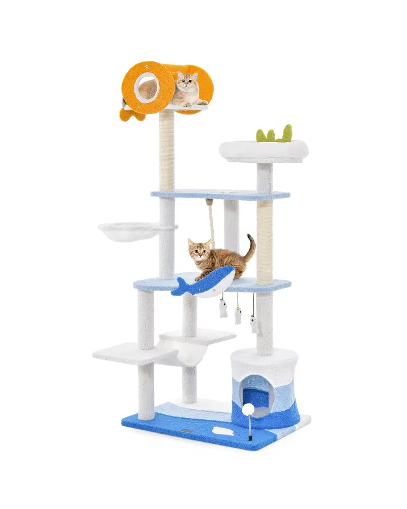 Multi-level Ocean-themed Cat Tree Tower with Sisal Covered Scratching Posts-Blue - Blue - Cat Trees Condos & Scratchers