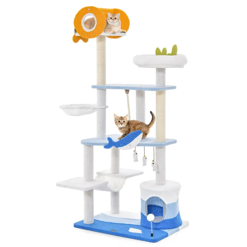 Multi-level Ocean-themed Cat Tree Tower with Sisal Covered Scratching Posts-Blue - Blue - Cat Trees Condos & Scratchers