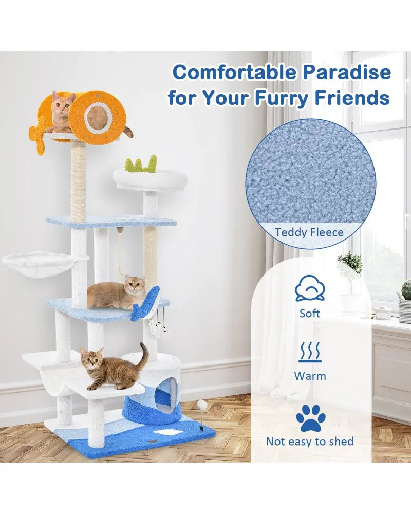 Multi-level Ocean-themed Cat Tree Tower with Sisal Covered Scratching Posts-Blue - Blue - Cat Trees Condos & Scratchers