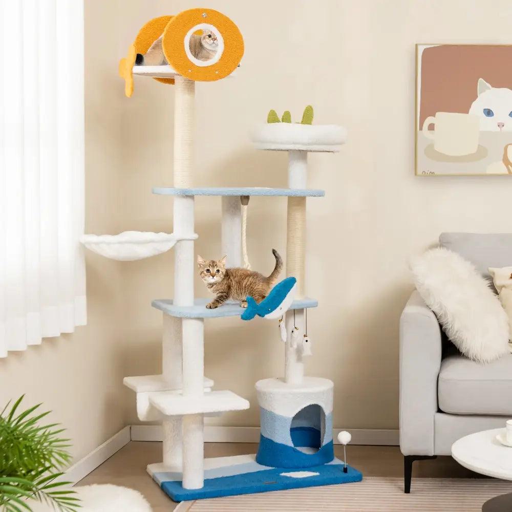 Multi-level Ocean-themed Cat Tree Tower with Sisal Covered Scratching Posts-Blue - Blue - Cat Trees Condos & Scratchers