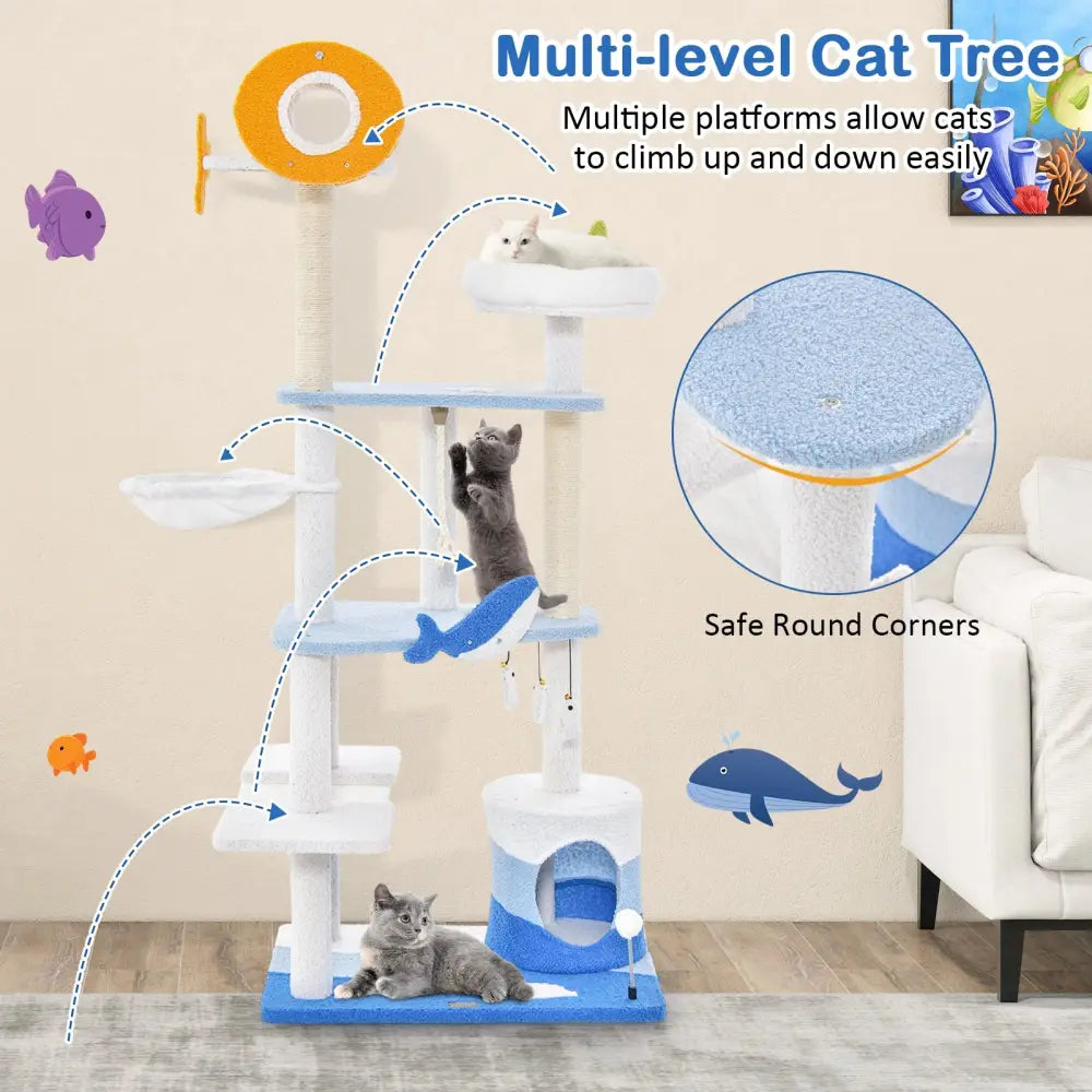 Multi-level Ocean-themed Cat Tree Tower with Sisal Covered Scratching Posts-Blue - Blue - Cat Trees Condos & Scratchers