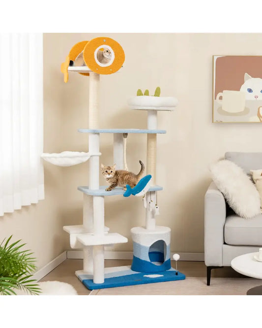 Multi-level Ocean-themed Cat Tree Tower with Sisal Covered Scratching Posts-Blue - Blue - Cat Trees Condos & Scratchers