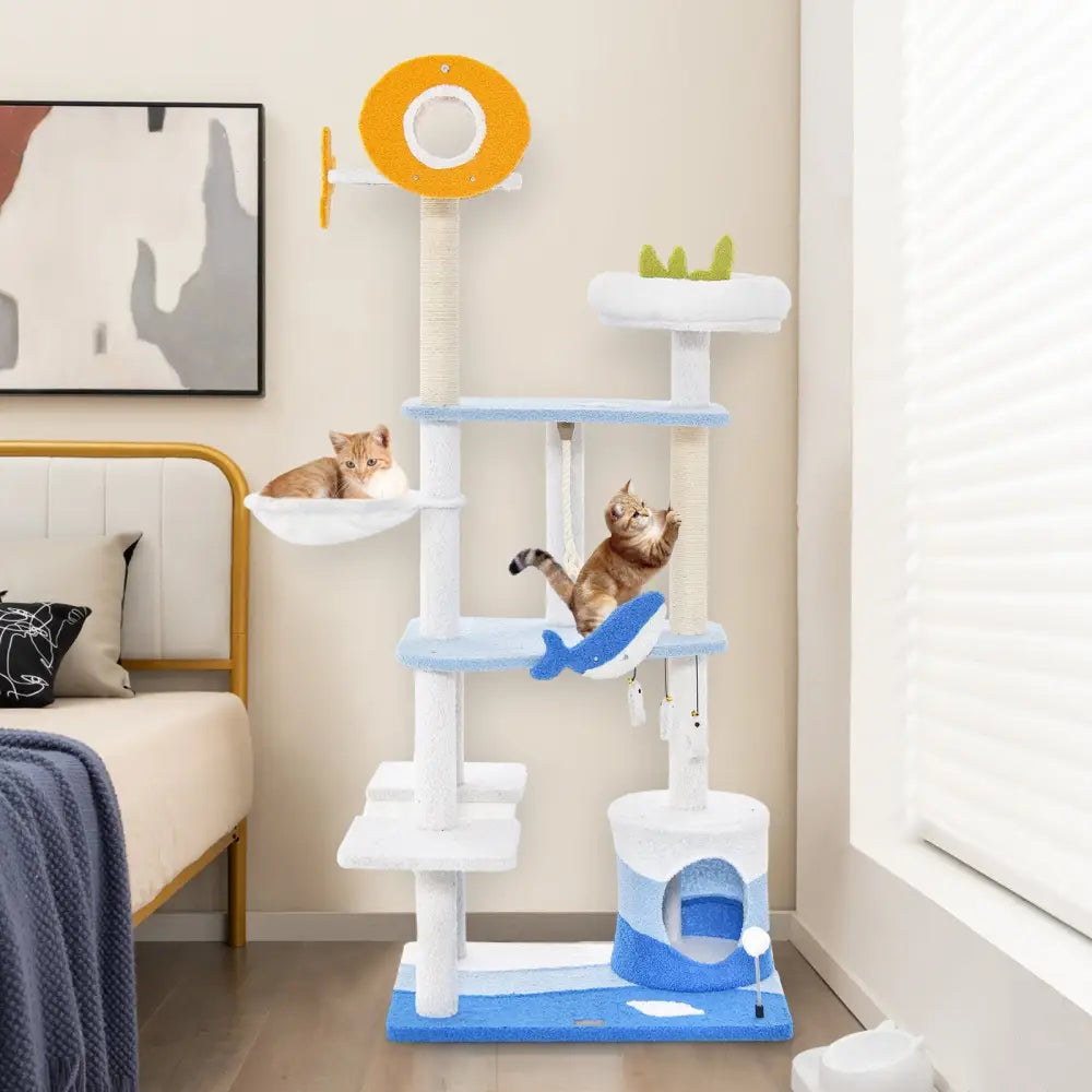 Multi-level Ocean-themed Cat Tree Tower with Sisal Covered Scratching Posts-Blue - Blue - Cat Trees Condos & Scratchers