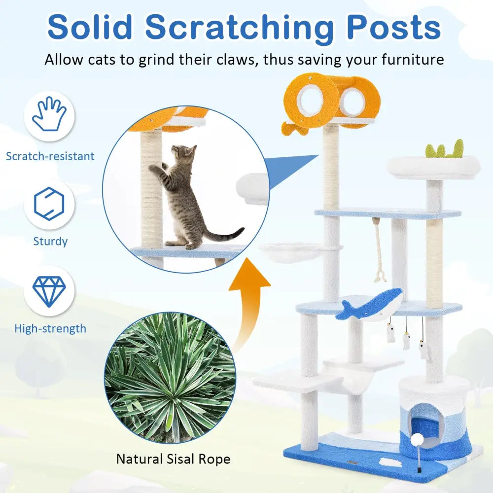 Multi-level Ocean-themed Cat Tree Tower with Sisal Covered Scratching Posts-Blue - Blue - Cat Trees Condos & Scratchers