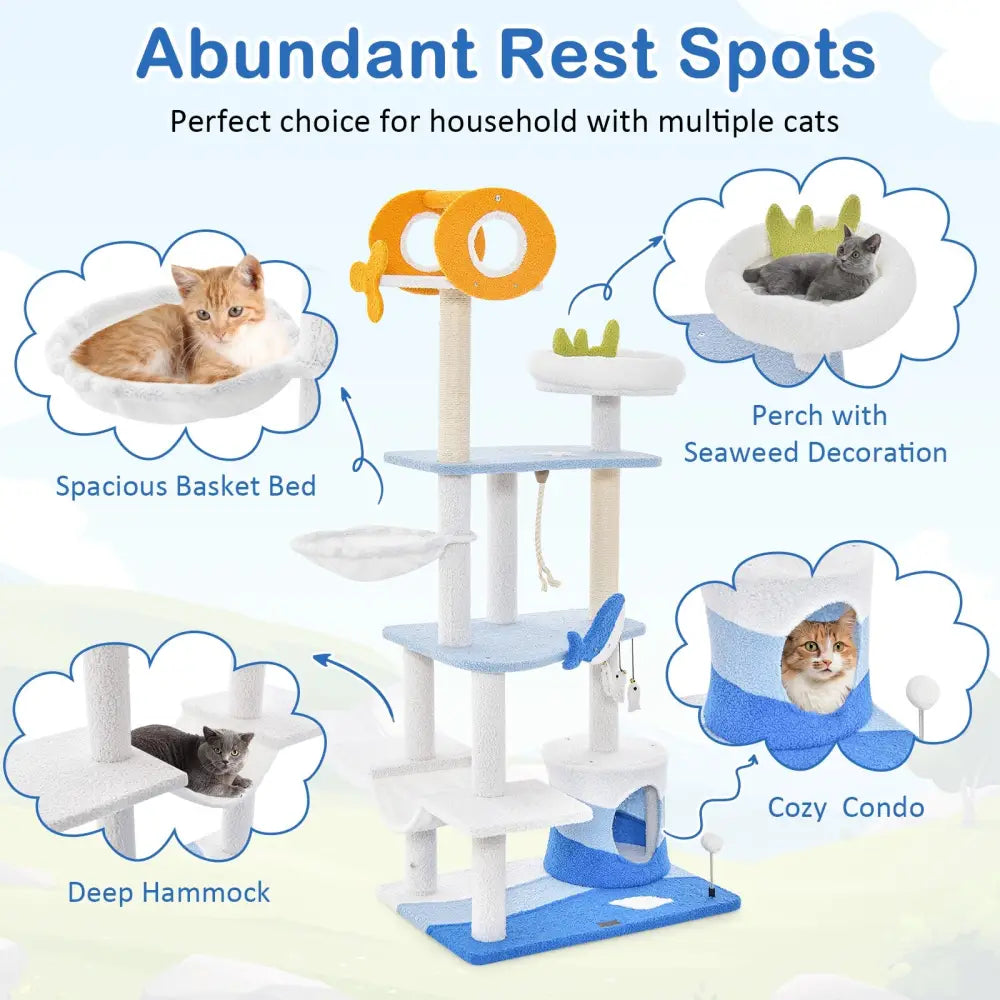 Multi-level Ocean-themed Cat Tree Tower with Sisal Covered Scratching Posts-Blue - Blue - Cat Trees Condos & Scratchers