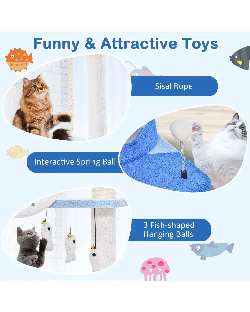 Multi-level Ocean-themed Cat Tree Tower with Sisal Covered Scratching Posts-Blue - Blue - Cat Trees Condos & Scratchers