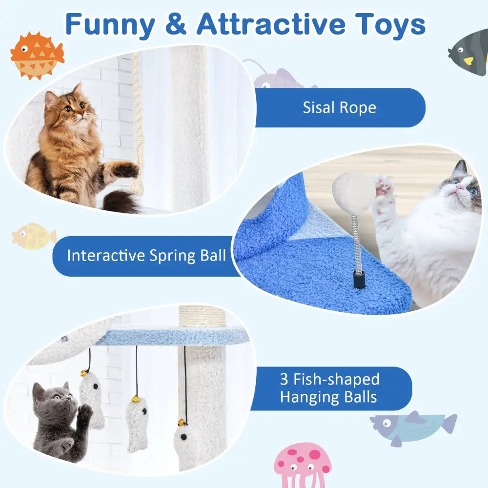 Multi-level Ocean-themed Cat Tree Tower with Sisal Covered Scratching Posts-Blue - Blue - Cat Trees Condos & Scratchers