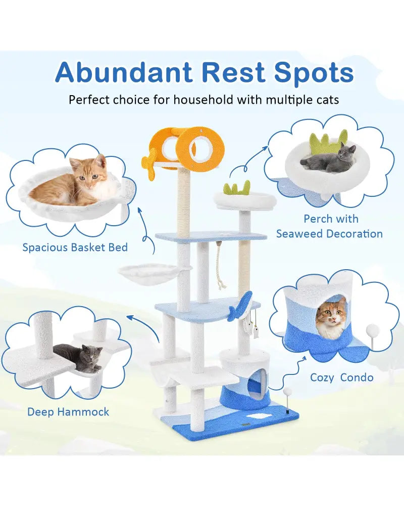 Multi-level Ocean-themed Cat Tree Tower with Sisal Covered Scratching Posts-Blue - Blue - Cat Trees Condos & Scratchers