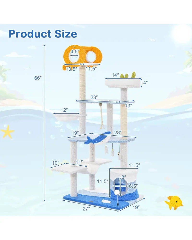 Multi-level Ocean-themed Cat Tree Tower with Sisal Covered Scratching Posts-Blue - Blue - Cat Trees Condos & Scratchers