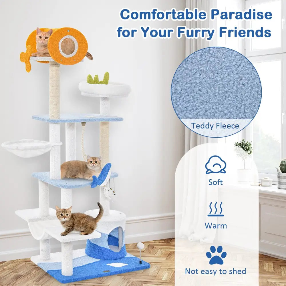 Multi-level Ocean-themed Cat Tree Tower with Sisal Covered Scratching Posts-Blue - Blue - Cat Trees Condos & Scratchers