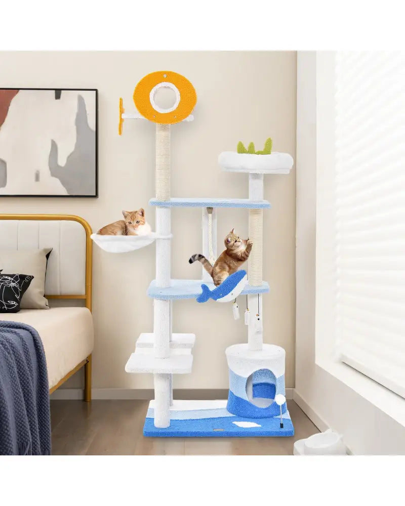 Multi-level Ocean-themed Cat Tree Tower with Sisal Covered Scratching Posts-Blue - Blue - Cat Trees Condos & Scratchers