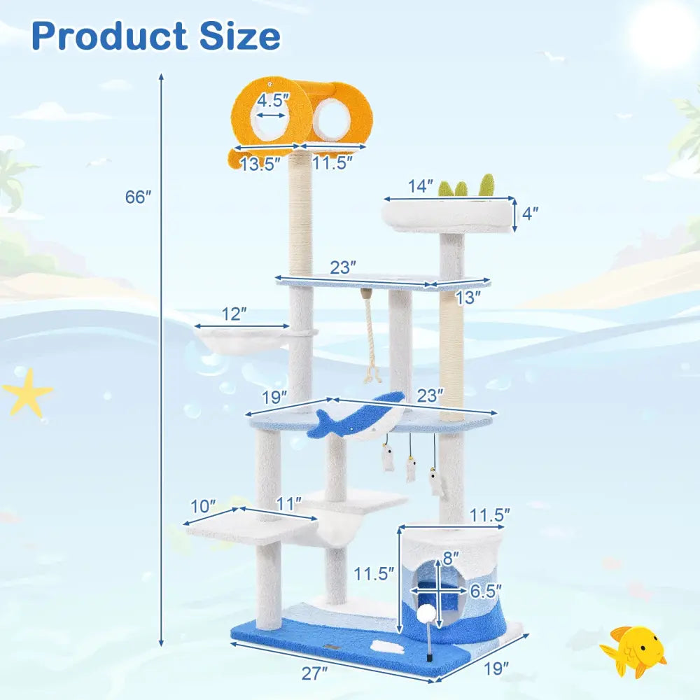 Multi-level Ocean-themed Cat Tree Tower with Sisal Covered Scratching Posts-Blue - Blue - Cat Trees Condos & Scratchers