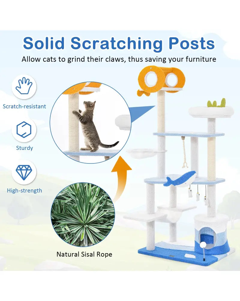 Multi-level Ocean-themed Cat Tree Tower with Sisal Covered Scratching Posts-Blue - Blue - Cat Trees Condos & Scratchers