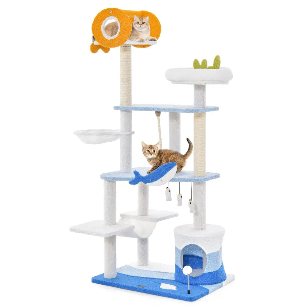 Multi-level Ocean-themed Cat Tree Tower with Sisal Covered Scratching Posts-Blue - Blue - Cat Trees Condos & Scratchers
